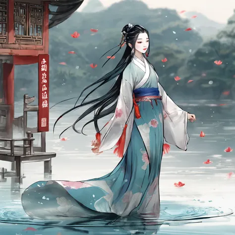 ((4k,masterpiece,best quality)), shuimobysim, traditional chinese ink painting, lotus, hanfu, maxiskit, dress conservatively 1girl, solo, long blue hair, smile, standing, feet in the water, barefoot,