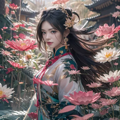 32K（tmasterpiece，k hd，hyper HD，32K）Long flowing black hair，ponds，zydink， a color，  Xuzhou people （seductiv）， （Cyan and tiled scarf）， Which fighting stance， looking at the ground， Long hair， Floating which is hairy， Carp pattern headdress， Chinese long-slee...