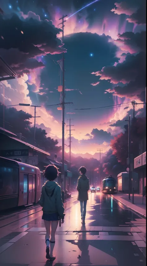 Ultra HD |, 8k, Starry sky, universo, Noite, aurora, Arte conceitual de Makoto Shinkai, Tumblr, magic realism, bela cena de anime, cosmic sky. por makoto shinkai, ( ( ( Makoto Shinkai ) ), arte de fundo do anime, Fundo do anime, Estilo Makoto Shinkai, fund...