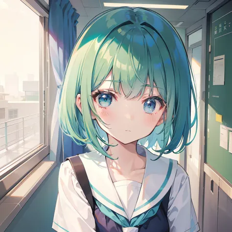 Short green-blue hair and flush bangs，School uniform soft girl，Its a cute little loli，Binary digital capability