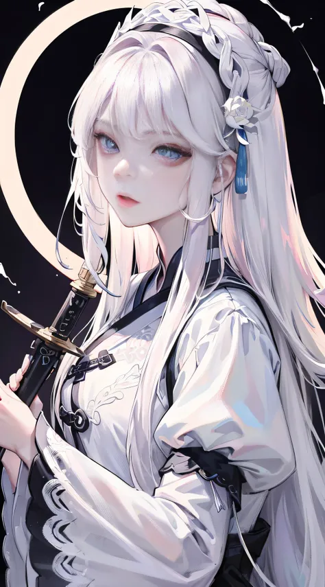 tmasterpiece，Need，the night，Outdoor chinoiserie，Chinese Ancient Times，Silver white long haired woman，eBlue eyes，pale pink lip，Dumb cute，By bangs，The sword，Manteau blanc，detail in face，detail in face，simplebackground，solid color backdrop，