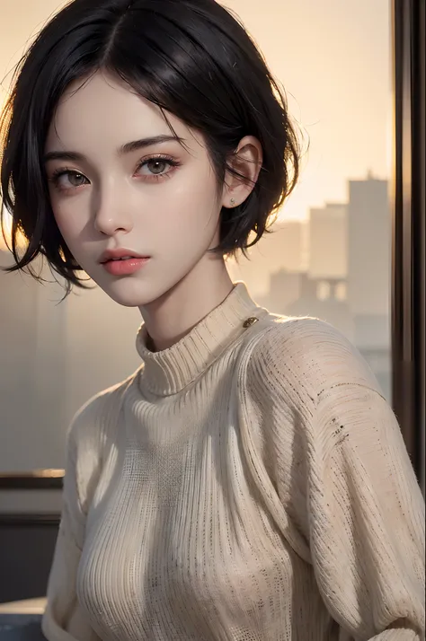 (masterpiece:1.3), (8k, photorealistic, RAW photo, best quality: 1.4), (1girl), beautiful face, (realistic face), (black hair, short hair:1.3), beautiful hairstyle, realistic eyes, beautiful detailed eyes, (realistic skin), beautiful skin, (sweater), absur...