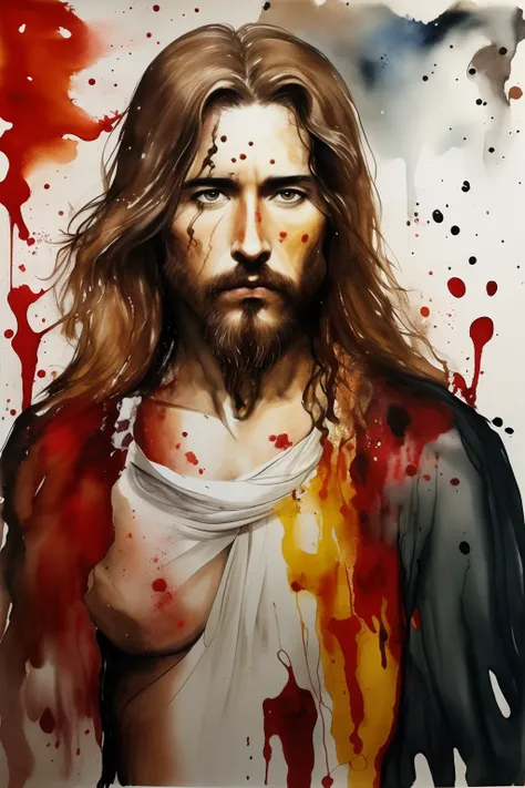 (respingo de tinta, pingos de tinta, splatter de tinta), tinta marrom, monocromatic, shades of brown and red, Aquarela, pinceladas largas, faca de paleta, non-portrait painting of Jesus Christ, Olhos detalhados, ((olhos pretos)), cabelos escuros, hands hid...