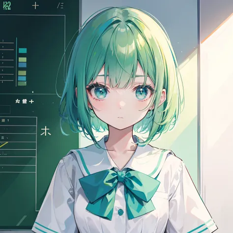 Short green-blue hair and flush bangs，Light green with white school uniform soft girl，Its a cute little loli，Binary numeric capability