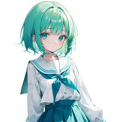 Short green-blue hair and flush bangs，Light green with white school uniform soft girl，Its a cute little loli，Binary numeric capability