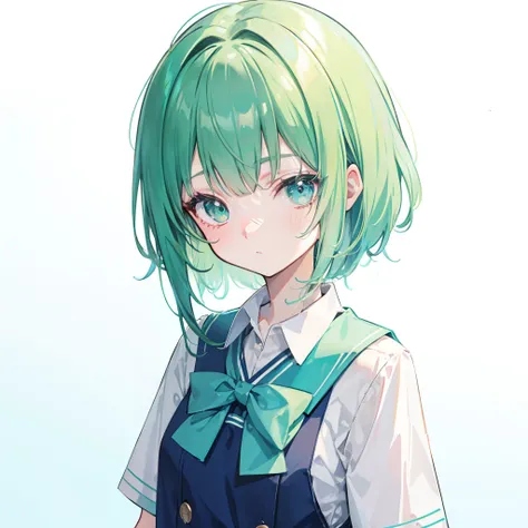 Short green-blue hair and flush bangs，Light green with white school uniform soft girl，Its a cute little loli，Binary numeric capability