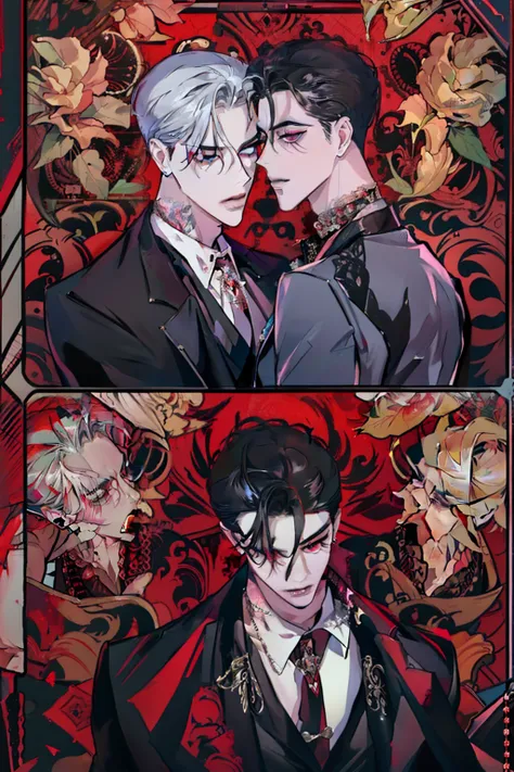 Mafia Noir Casino Gambling Bar Vampire dominant alpha gay couple macho sexy handsome demon adult men with tattoos big chest big abs slicked back hairstyle smoking red eyes charisma goth ((perfect face structure)) detailed stylized ((handsome male couple)) ...