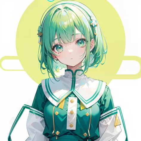 Short green-blue hair and flush bangs，Light green with white school uniform soft girl，There are yellow ornaments on the head，She is a cute little loli，Binary numeric functionality