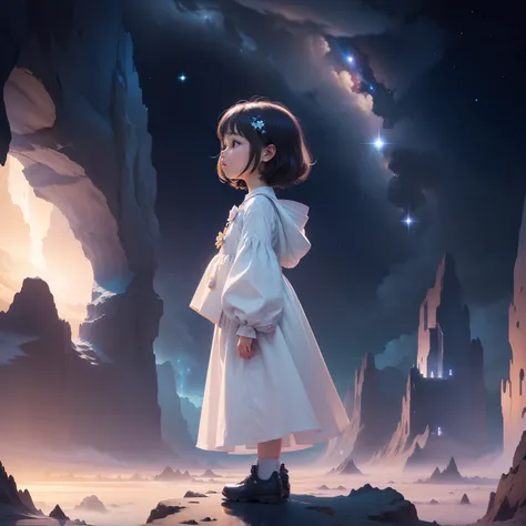 Step into a world of wonder and ethereal beauty, Where reality and dreams intertwine. Visualize awe-inspiring scenes - breathtaking views of the sea of stars, Shimmer brilliantly on a blanket of fluffy clouds. In the foreground, Girl Standing Above the Clo...