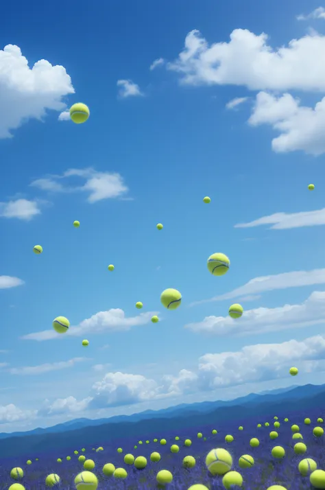 A million tennis balls fell from the sky，scenario，Surreal，k hd，Hyper-realistic，Photorealistic，intensive，Blue sky，Fill the dense picture