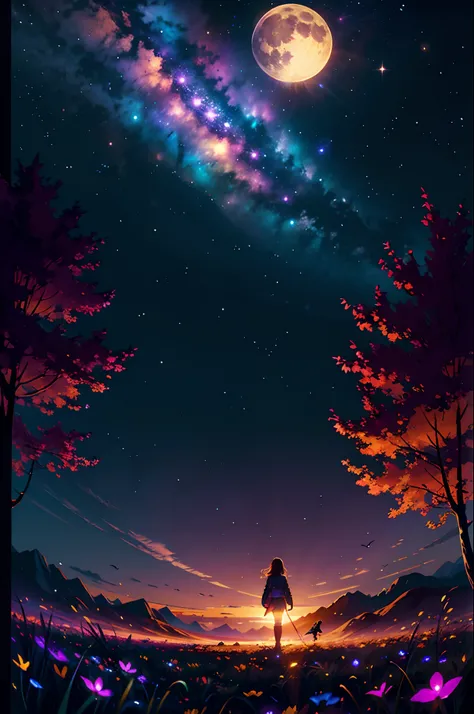 expansive landscape photograph , (a view from below that shows sky above and open field below), a girl standing on flower field looking up, (full moon:1.2), ( shooting stars:0.9), (nebula:1.3), distant mountain, tree BREAK
production art, (warm light sourc...