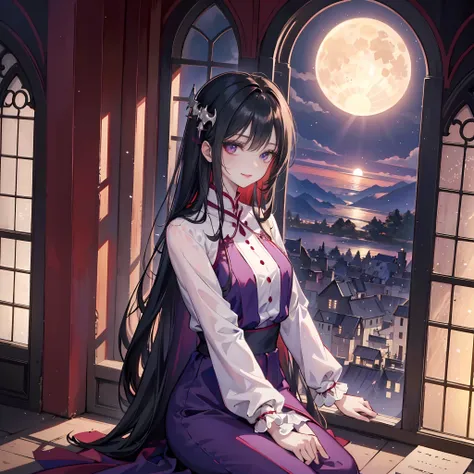 ，Masterpiece, Best quality，8K, 超高分辨率，Dusk falls，An abandoned church stands between desolate mountains。The church has a minaret on the bell tower，Vampire sits alone under a half-moon shaped skylight，Gaze at the sunset in the distance。Her slender fingers str...