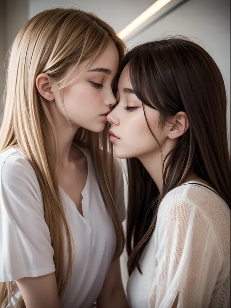 two girls, yuri, kissing,  (light hair)