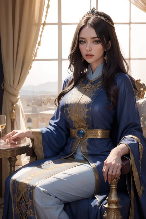 Mature woman face super detailed hyper realistic master piece wears full caftan outfit sitting in great Legendary throne moroccan environnement