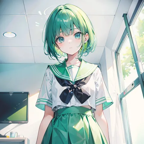 Short green-blue hair and flush bangs，Light green with white school uniform soft girl，Its a cute little loli，Binary numeric functionality