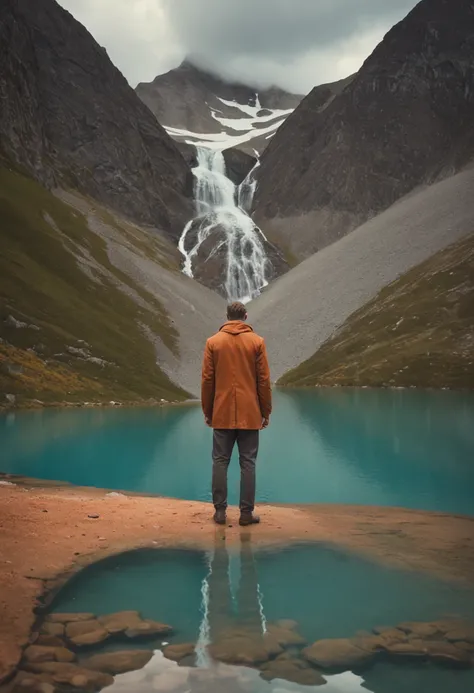 man walks through mountains in the shallow water, in the style of bertil nilsson, calming symmetry, photo-realistic landscapes, Einar Hákonarson, joel robison, dark aquamarine and orange, mirror