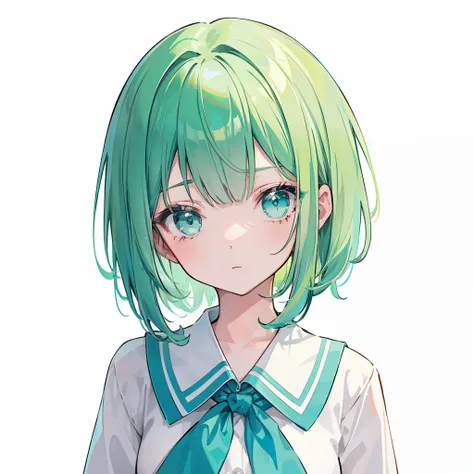 Short green-blue hair and flush bangs，Light green with white school uniform soft girl，Its a cute little loli，Binary numeric functionality