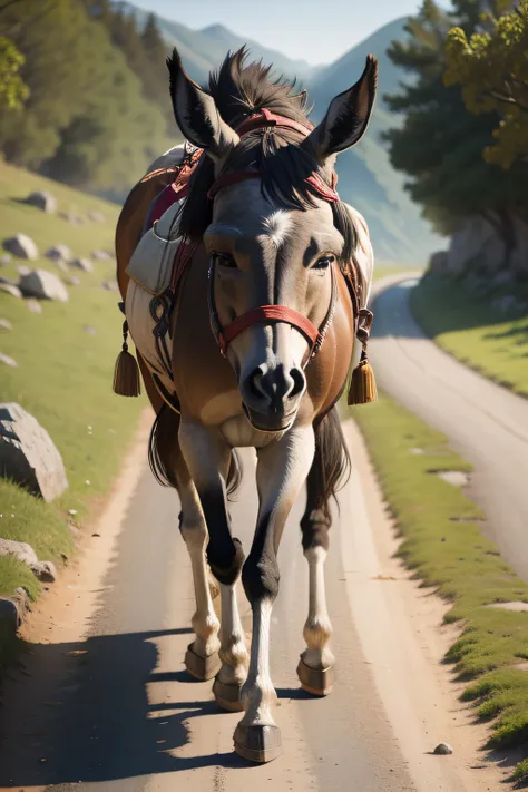 closeup of a donkey walking along a stone road