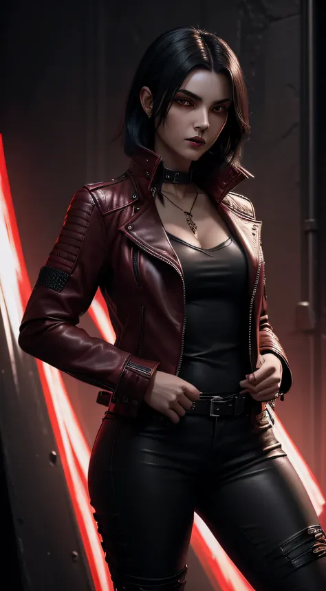 1girl, (A beautiful female vampire mercenary), (wolfcut black hair), (wearing red leather jacket and black casual outfit), dynamic pose, ambient lighting, photo realism, intricate face detail, intricate hand details, highly detailed, vibrant colors, cinema...