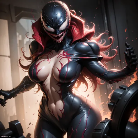 "Female embodiment of carnage with intimidating presence and venom symbiote powers."