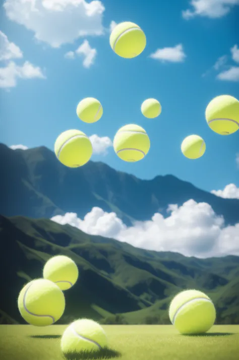 A million tennis balls are dense in the sky，scenario，Surreal，k hd，Hyper-realistic，Photorealistic，intensive，Blue sky，Fill the dense picture, icon，afloat，mid air，fly