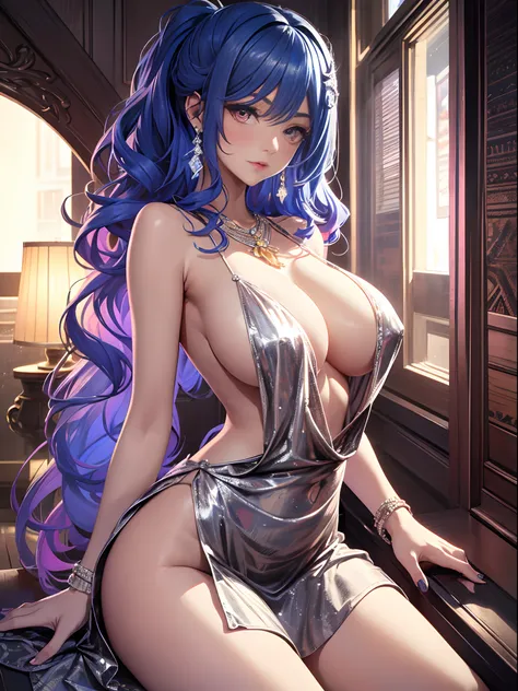 （Enrich the picture，Masterpiece level quality）Beautiful 8K CG artwork，Goddess-like posture，Sit in the cabin of the aircraft，Postural exercises，Slim and soft，Translucent skin，Blue hair、The beauty of extra-long hair, Super Long Straight Hair，The skin is fair...