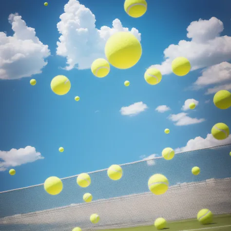 A million tennis balls fly densely into the sky，Scenes，Surreal，k hd，Hyper-realistic，Photorealistic，intensive，Blue sky，Fill dense pictures, pictogram，afloat，mid-air，fei