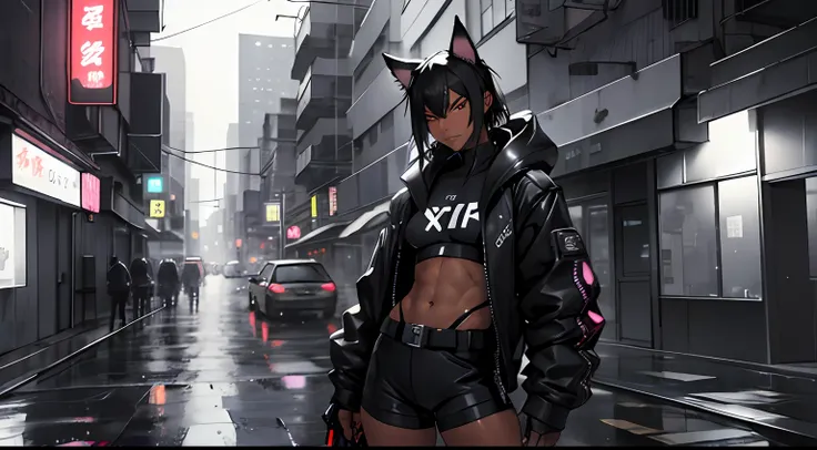 1girl, black hair, athletic, robot, casual, animal ears, large assault rifle, colorful, kitana on back, noir, mystery, thick waist medium breast, muscular, tomboy, cyberpunk, nekomata, warrior, sexy outfit, looking at viewer, anime, realistic, rainy night ...