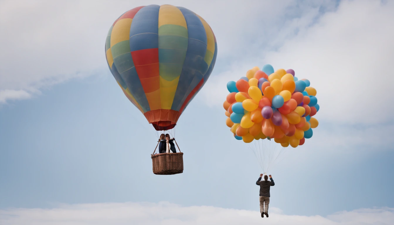 a guy flying in a balloon that flies in the sky. The guy flies stuck by the arms in the balloon. on the balloon is written the name ADHD.  4k, Foto hiperreal de, Very high detail