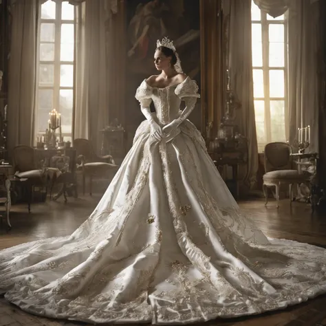 Best quality, Masterpiece, a future Crown Princess wearing a stately and elaborate royal wedding dress of white satin and tulle adorned with huge ribbon bows, lace, frills, flounces, embroidery and jewels, with enormous puffed sleeves, an hourglass waist a...