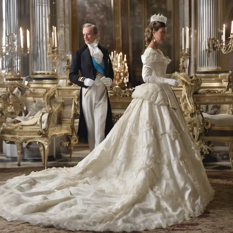 Best quality, Masterpiece, a future Crown Princess wearing a stately and elaborate royal wedding dress of white satin and tulle adorned with huge ribbon bows, lace, frills, flounces, embroidery and jewels, with enormous puffed sleeves, an hourglass waist a...