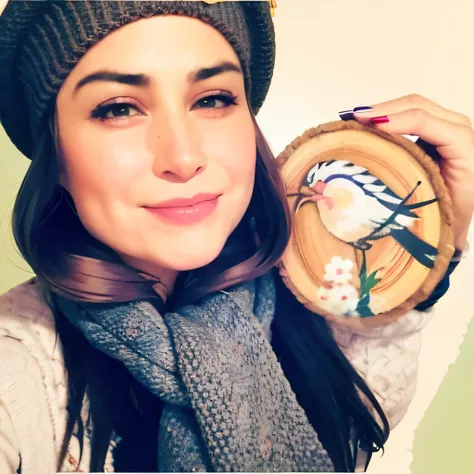 arafed woman holding a wooden slice with a bird painted on it, holding a wood piece, looks like ebru sahin, inspired by Ayshia Taşkın, inspired by Niyazi Selimoglu, profile pic, painting on a badge!!!!, selfie, inspired by Maryam Hashemi, profile photo, be...