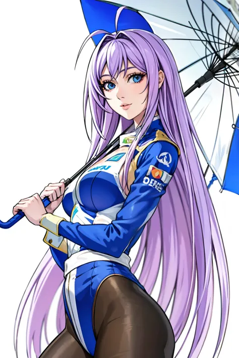 ((Formula One)), background, perfect eyes:1.2, detailed eyes:1.4, very long hair, ahoge, cowboy shot, umbrellaLORA, holding umbrella, Maya-Natsume-KJ, race_queen, clothing cutout, looking at viewer, Ultra-realistic 8K CG, masterpiece, ((ultra-detailed back...