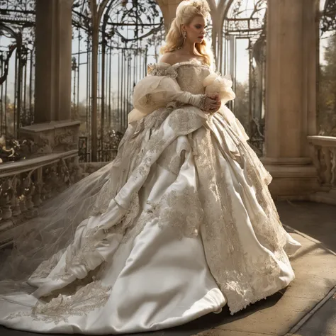 Best quality, Masterpiece, a stunningly beautiful blonde Crown Princess wearing a stately and elaborate royal wedding dress of white satin and tulle adorned with huge ribbon bows, lace, frills, flounces, embroidery and jewels, with enormous puffed sleeves,...