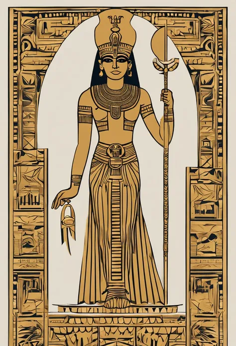 Isis: Main goddess of the Egyptian pantheon dressed in gold and golden makeup with open wings, in the style of the Egyptian gods,  depicted with a throne-shaped head adornment, a reference to Osiris. coberto de joias de luxo, joias, luxo, EGYPTIAN SYMBOLS,...