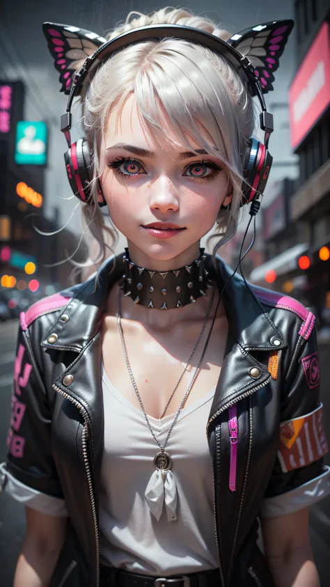 A highly detailed portrait of a solo 1girl standing on a street corner, during a rainstorm with lightning strikes and a cloudy sky, neon and cyberpunk background, she is wearing punk clothes with silver chains and silver spikes, she has a butterfly wing ha...