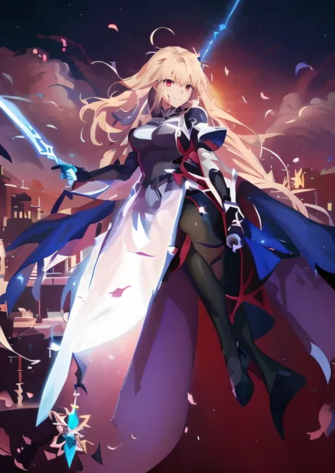 anime girl in a blue dress with a sword in her hand, anime style like fate/Stay Night, Gentle expression、anime goddess, Fate Grand Order, Smiled look、Soft look、made with anime painter studio, epic light novel art cover, ufotable art style, cushart krenz ke...