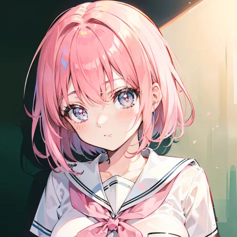 Short pink hair with a sense of transparency，Wearing a light pink school uniform，Light pink pupils，Super cute sweet girl