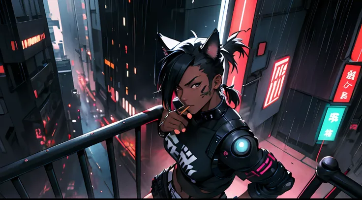 1girl, black hair, athletic, robot, casual, animal ears, large assault rifle, colorful, kitana on back, noir, mystery, thick waist medium breast, muscular, tomboy, cyberpunk, nekomata, warrior, sexy outfit, looking at city from above , anime, realistic, ra...