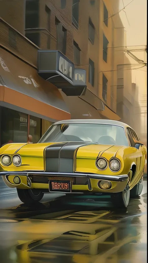 a close up of a painting of a yellow car on a street, muscle cars, wallpaper mobile, automotive design art, hq 4k phone wallpaper, classic car, classic cars, by Robert Peak, cars portraits, hd artwork, beautiful retro art, james gurney painting style, vani...