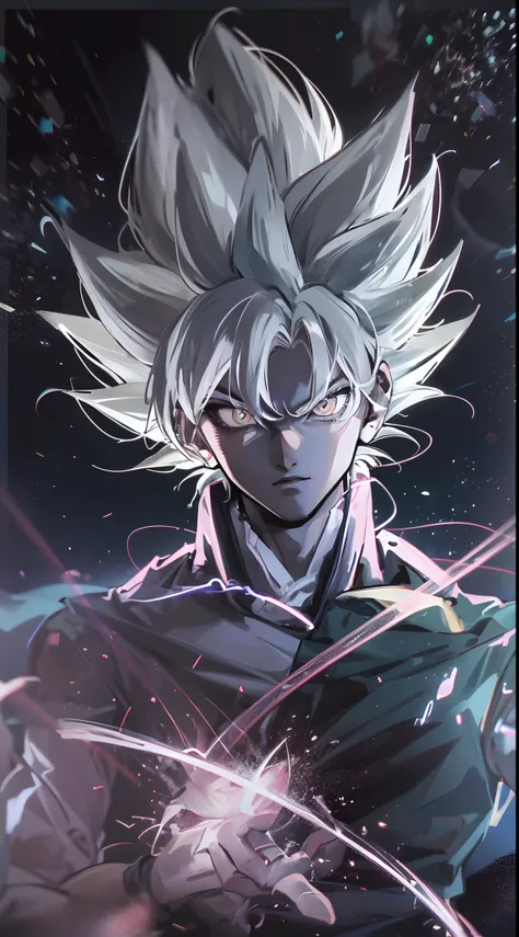 The image of the white-haired Goku Advanced Instinct , Black and white effect around the body, Landscape of deep blue sky with stars, detailled image, Ultra photo realsisim, Anime version, Explosions and cinematic effects