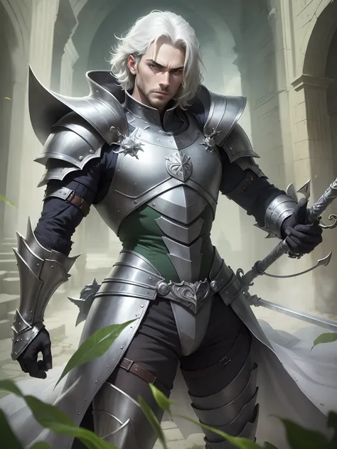 homem branco, olhos verde, wearing silver armor similar to the gentlemen of the round table, Firm and serious look, cabelos na altura do ombro cor castanho claro, segurando escuto de prata e espada flamejante de fogo --auto --s2