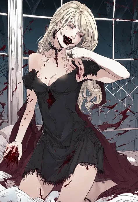 A platinum blonde female vampire in a black dress is holding a beautiful brunette girl in a white dress from behind. (((A little blood is dripping from the female vampires mouth.))) The beautiful girl is in a trance and the female vampire is satisfied. The...