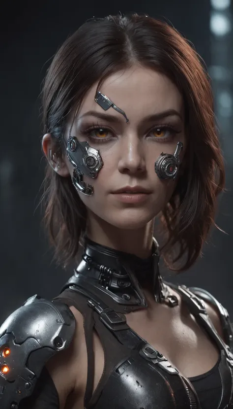 a beautiful woman cyborg warrior in the Style-RustMagic, cyberpunk augmentation, cyberware, cyborg, carbon fiber, chrome, implants, metal skull, cyber plate armor, (dark atmosphere:1.2), (fog & smoke), (dark night:1.3), scars, (dark medium length dishevele...