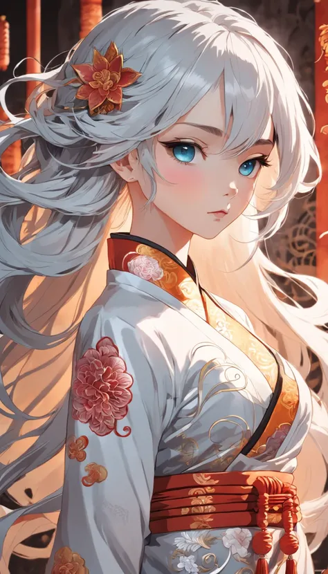 Royal Sister，Cold and glamorous，Raised sexy，on cheongsam，Embroidery，(1boys，White color hair，closeup cleavage， colorfull long hair, Oriental elements)，(Super refined，Chinese illustration:1.3，paper art:1.3, Quilted paper art:1.2),( reasonable design, Clear l...