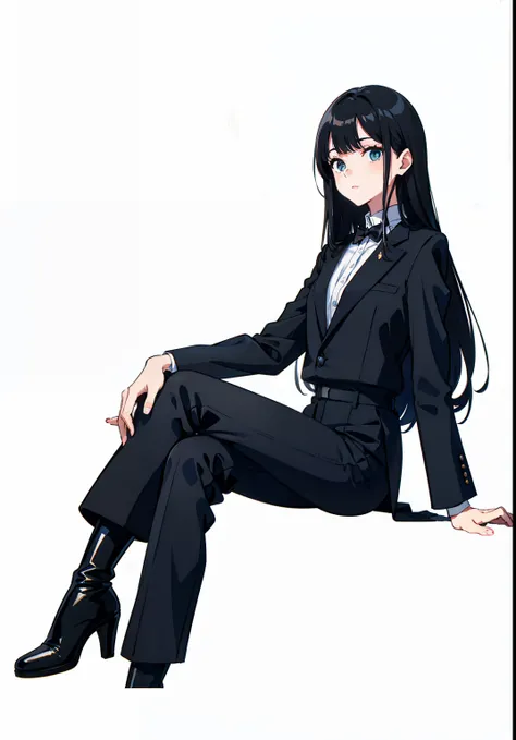 Long hair white，Black boots，black cloaths，In black suit，black long pants，Side sitting position，Long and slender legs