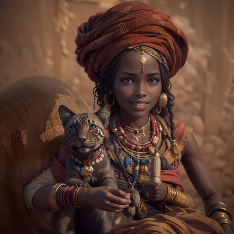 1Girl from Mali. Her beautiful dark skin reflects the rich history and vibrant culture of West Africa.. Amaras tender eyes, with her pet chettah, full body view,Like a vast desert, Holding the wisdom of her ancestors. Her curly, Poetry of al-Ban, Embellish...