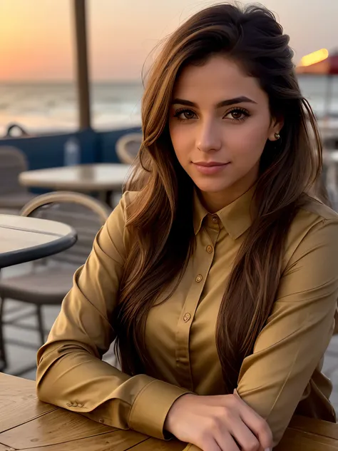 foto de (sh0hreh:0.99), uma jovem bonita deslumbrante, hazelnut eyes, long light brown hair and messy suction cups, closeup ampliado em retrato de colheita apertado, sentada em uma (table on a seaside promenade, coffee shop, bar, drinks cocktails:1.2) vest...