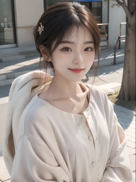 korean woman， （tmasterpiece， Nice people， Polluted smile）， Virtual YouTube， detailed skin textures， Detailed cloth texture， Beautifully detailed face， tmasterpiece， 鎖骨， （ULZZANG-6500-V1.1：0.4）Princess with short hair