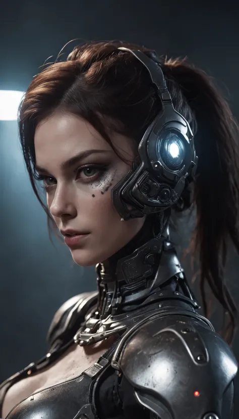 beautiful cyborg warrior woman in RustMagic Style, Cyberpunk Increase, Cyber software, Cyborg, carbon fiber, chrome, Implants, Metal skull, cyber plate armor, (Dark atmosphere:1.2), (mist & Smoke), (Its dark night:1.3), Scars, (dark medium length dishevele...